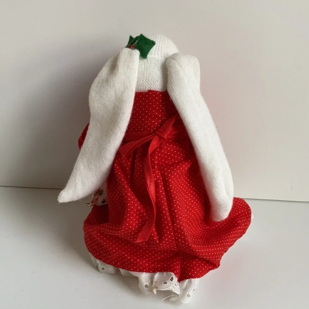 Vintage 80s Christmas sock bunny and baby red dress and Christmas print apron